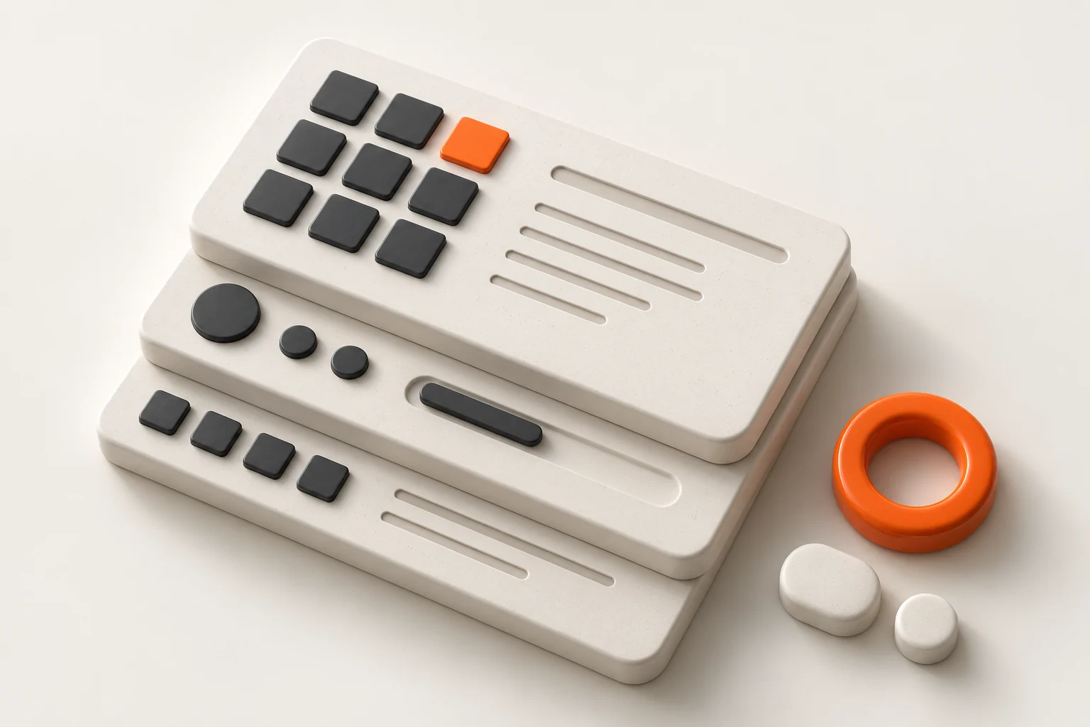 Stacked ceramic design panels with consistent controls and an orange accent ring