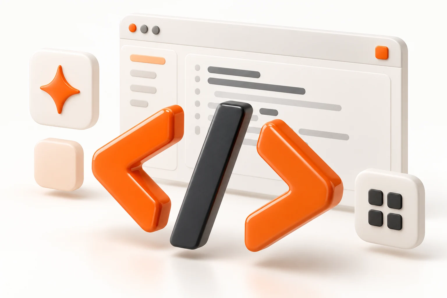 Sculptural orange code brackets and carefully arranged interface components