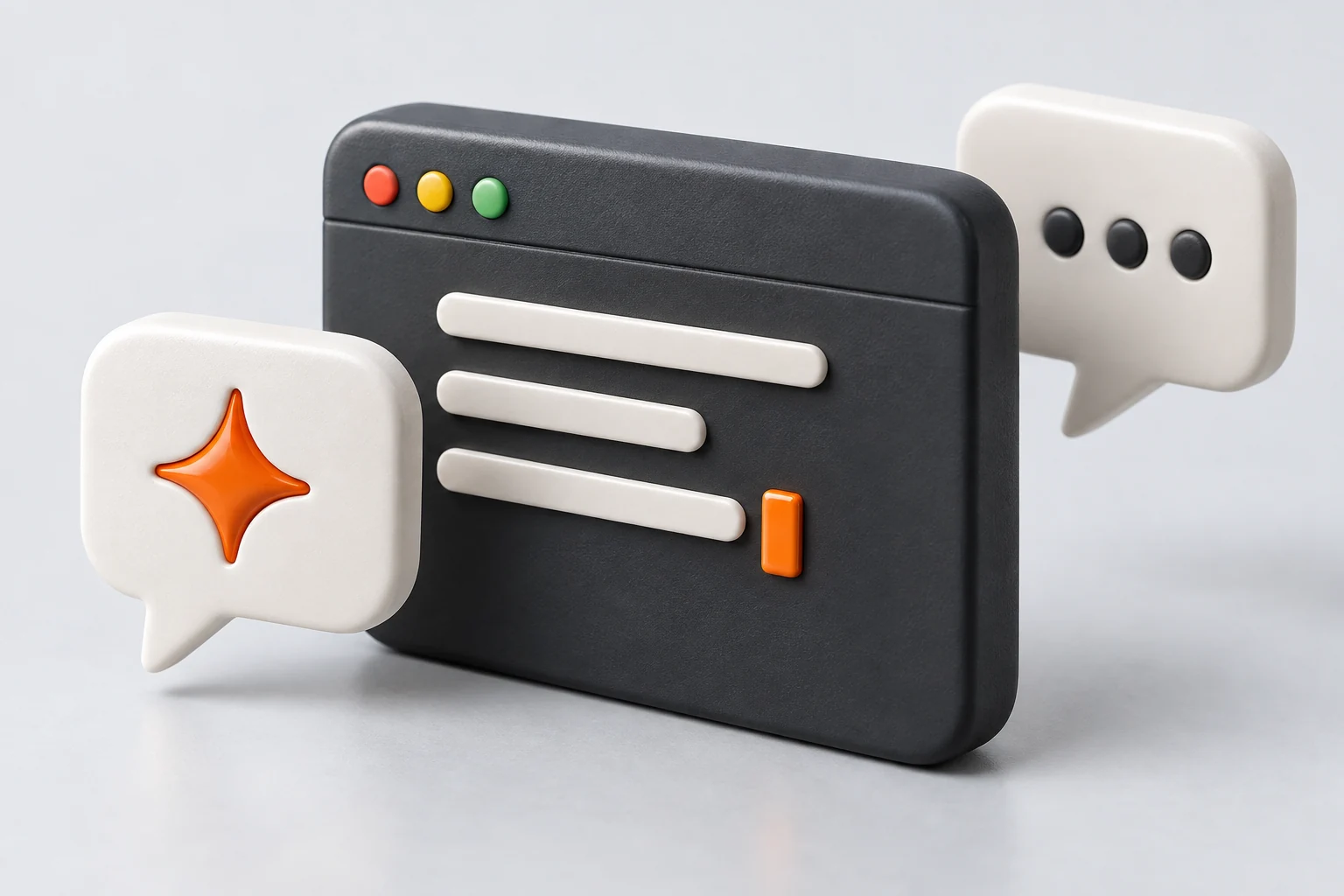 A charcoal terminal with an orange cursor and sculptural conversation tiles
